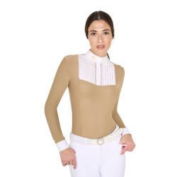 Polo de concours Femme Manches Longues avec Plis en Coton Equestro Encens Beige Polo de concours Femme Manches Longues avec Plis en Coton Equestro Encens Beige