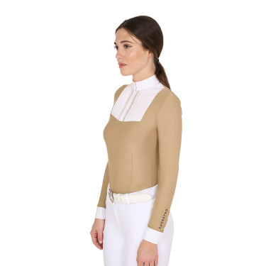Polo de concours Femme Manches Longues avec Plis en Coton Equestro Encens Beige Polo de concours Femme Manches Longues avec Plis en Coton Equestro Encens Beige