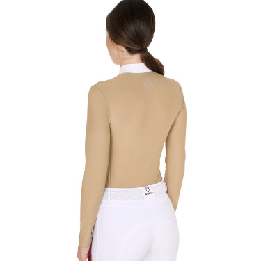 Polo de concours Femme Manches Longues avec Strass Equestro Beige Polo de concours Femme Manches Longues avec Strass Equestro Beige