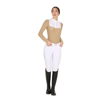 Polo de concours Femme Manches Longues avec Strass Equestro Beige Polo de concours Femme Manches Longues avec Strass Equestro Beige