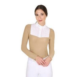 Wedstrijdpolo Dames Lange Mouwen met Strass Equestro Beige