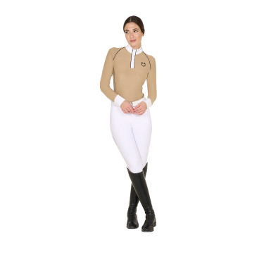 Wedstrijdpolo Dames Lange Mouwen met Mesh Inzetstukken Equestro Beige Wedstrijdpolo Dames Lange Mouwen met Mesh Inzetstukken Equestro Beige