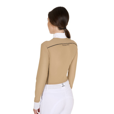 Wedstrijdpolo Dames Lange Mouwen met Mesh Inzetstukken Equestro Beige Wedstrijdpolo Dames Lange Mouwen met Mesh Inzetstukken Equestro Beige