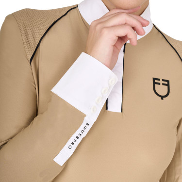 Wedstrijdpolo Dames Lange Mouwen met Mesh Inzetstukken Equestro Beige Wedstrijdpolo Dames Lange Mouwen met Mesh Inzetstukken Equestro Beige