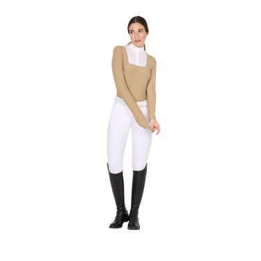 Polo de concours Femme Manches Longues avec Boutons Equestro Beige Polo de concours Femme Manches Longues avec Boutons Equestro Beige