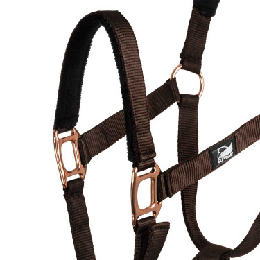 Licol en Nylon Rose Gold Line avec Longe Supreme Marron