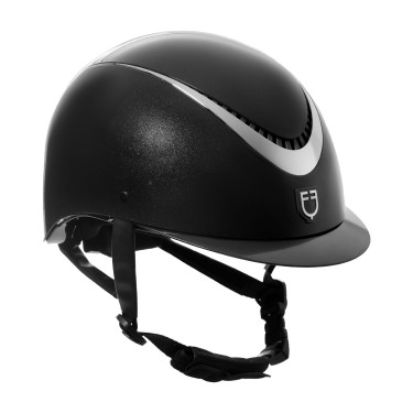 Casque brillant Equestro sangle en similicuir, visière étroite homologation EN1384-2023 Noir / argent