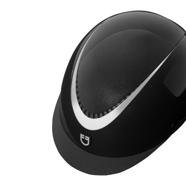 Casque brillant Equestro sangle en similicuir, visière étroite homologation EN1384-2023 Noir / argent