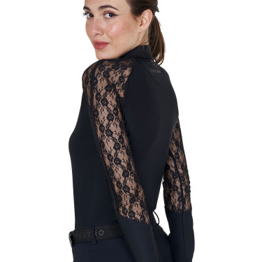 Dames trainingspolo Equestro met lange mouwen en kant Zwart