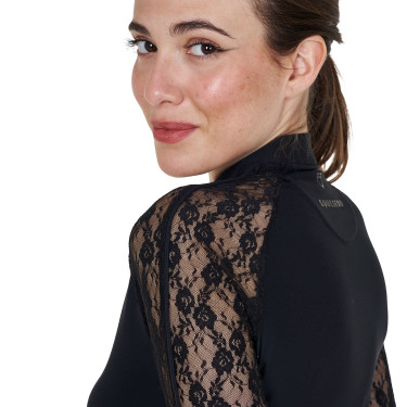Polo d’entraînement femme Equestro manches longues dentelle Noir