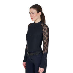 Polo d’entraînement femme Equestro manches longues dentelle Noir