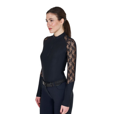 Polo d’entraînement femme Equestro manches longues dentelle Noir