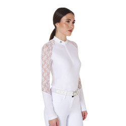 Polo d’entraînement femme Equestro manches longues dentelle Blanc