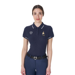 Dames trainingspolo Equestro x FISE met drie knopen, korte mouwen Marineblazer Marineblauw
