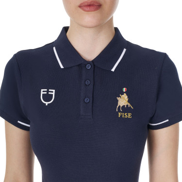 Dames trainingspolo Equestro x FISE met drie knopen, korte mouwen Marineblazer Marineblauw