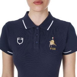 Polo d’entraînement femme Equestro x FISE trois boutons manches courtes Marine blazer Bleu marine