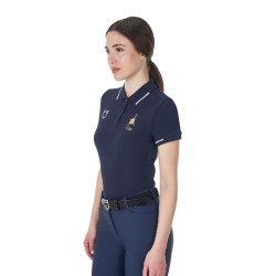 Dames trainingspolo Equestro x FISE met drie knopen, korte mouwen Marineblazer Marineblauw
