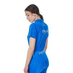 Polo d’entraînement femme Equestro x FISE trois boutons manches courtes Bleu de savoie