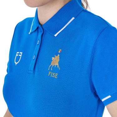 Polo d’entraînement femme Equestro x FISE trois boutons manches courtes Bleu de savoie
