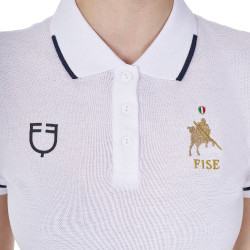 Polo d’entraînement femme Equestro x FISE trois boutons manches courtes Blanc