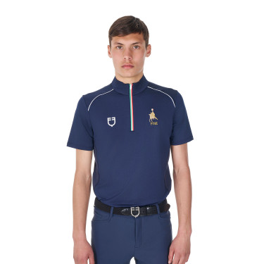 Heren trainingspolo Equestro x FISE met rits, Italiaanse vlag, korte mouwen Marineblazer Marineblauw