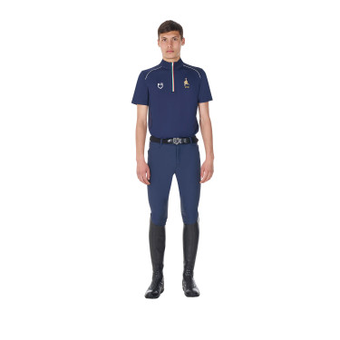 Heren trainingspolo Equestro x FISE met rits, Italiaanse vlag, korte mouwen Marineblazer Marineblauw