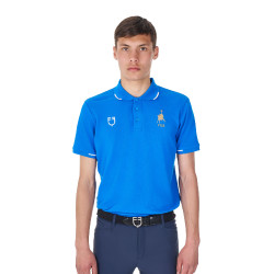 Polo d’entraînement homme Equestro x FISE trois boutons manches courtes Bleu de savoie