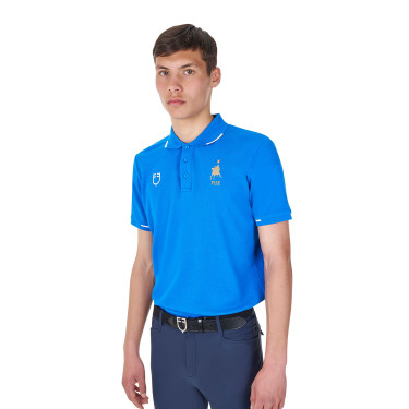 Polo d’entraînement homme Equestro x FISE trois boutons manches courtes Bleu de savoie