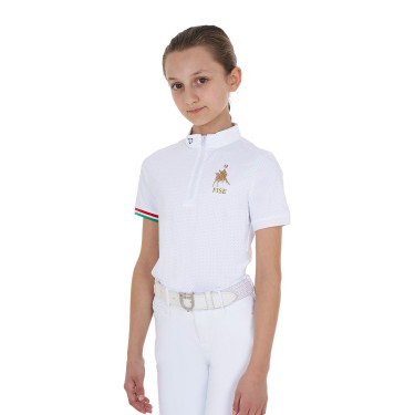 Polo de concours fille zippé Equestro x FISE manches courtes Blanc