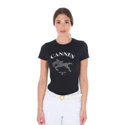 T-shirt femme Equestro Cannes coton avec strass manches courtes Noir T-shirt femme Equestro Cannes coton avec strass manches courtes Noir