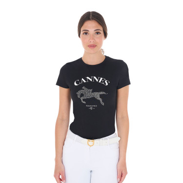 T-shirt femme Equestro Cannes coton avec strass manches courtes Noir T-shirt femme Equestro Cannes coton avec strass manches courtes Noir