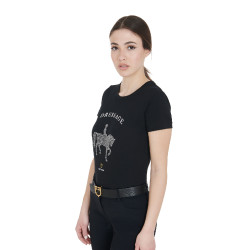 T-shirt femme Equestro coupe slim dressage avec strass manches courtes Noir