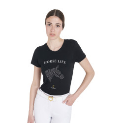 Dames T-shirt Equestro slim fit Horse Life met strass, korte mouwen Zwart Dames T-shirt Equestro slim fit Horse Life met strass, korte mouwen Zwart