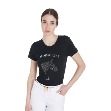 Dames T-shirt Equestro slim fit Horse Life met strass, korte mouwen Zwart Dames T-shirt Equestro slim fit Horse Life met strass, korte mouwen Zwart
