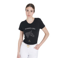 T-shirt femme Equestro coupe slim Horse Life avec strass manches courtes Noir T-shirt femme Equestro coupe slim Horse Life avec strass manches courtes Noir