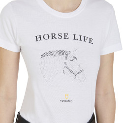 T-shirt femme Equestro coupe slim Horse Life avec strass manches courtes Blanc