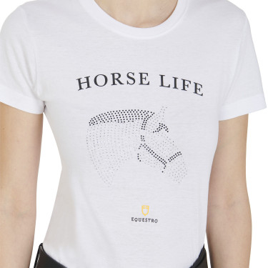 T-shirt femme Equestro coupe slim Horse Life avec strass manches courtes Blanc