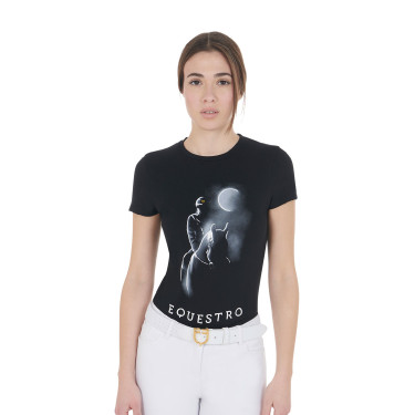 T-shirt femme Equestro coupe slim imprimé Moonlight manches courtes Noir