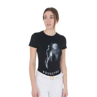 Dames-T-shirt Equestro slim-fit met Moonlight-print, korte mouwen Zwart Dames-T-shirt Equestro slim-fit met Moonlight-print, korte mouwen Zwart