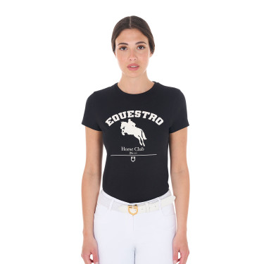 T-shirt femme Equestro Jumping Horse Club coton manches courtes Noir