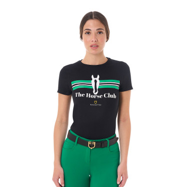 T-shirt femme Equestro Stripe Horse Club coton manches courtes Noir