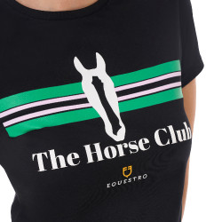 T-shirt femme Equestro Stripe Horse Club coton manches courtes Noir