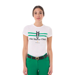 T-shirt femme Equestro Stripe Horse Club coton manches courtes Blanc