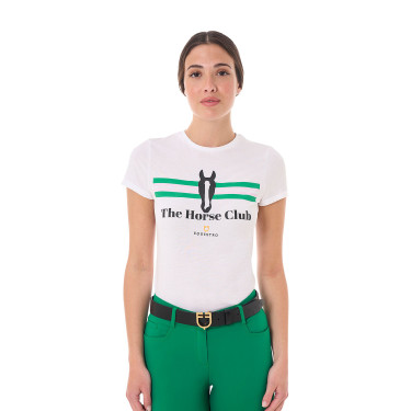 T-shirt femme Equestro Stripe Horse Club coton manches courtes Blanc