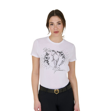 Dames T-shirt Equestro Wild Flower van katoen met korte mouwen Wit