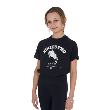 T-shirt fille Equestro Jumping Horse Club coton manches courtes Noir