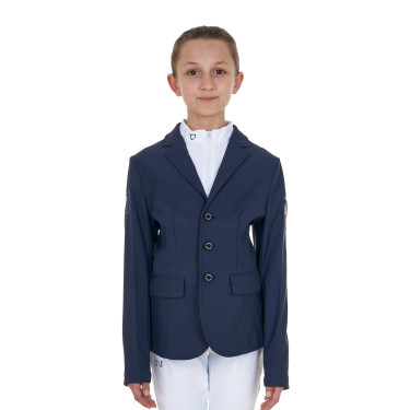 Uniseks wedstrijdjasje voor kinderen Equestro x FISE met drie knopen Marineblazer Marineblauw