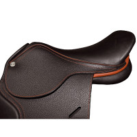 Selle doublée Saumur personnalisée Privilege Equitation Marron / bleu électrique Selle doublée Saumur personnalisée Privilege Equitation Marron / bleu électrique