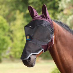 Shires FlyGuard Pro Deluxe vliegenmasker met oren en neus Zwart kersenrood