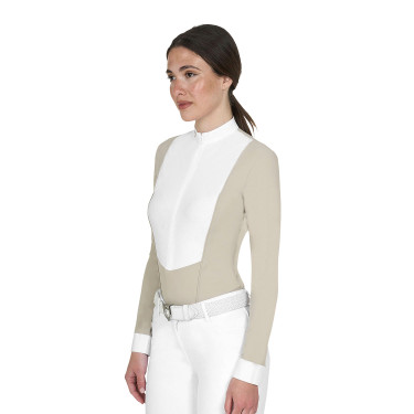 Polo de concours Equestro femme à manches longues avec zip Oxford tan Rose